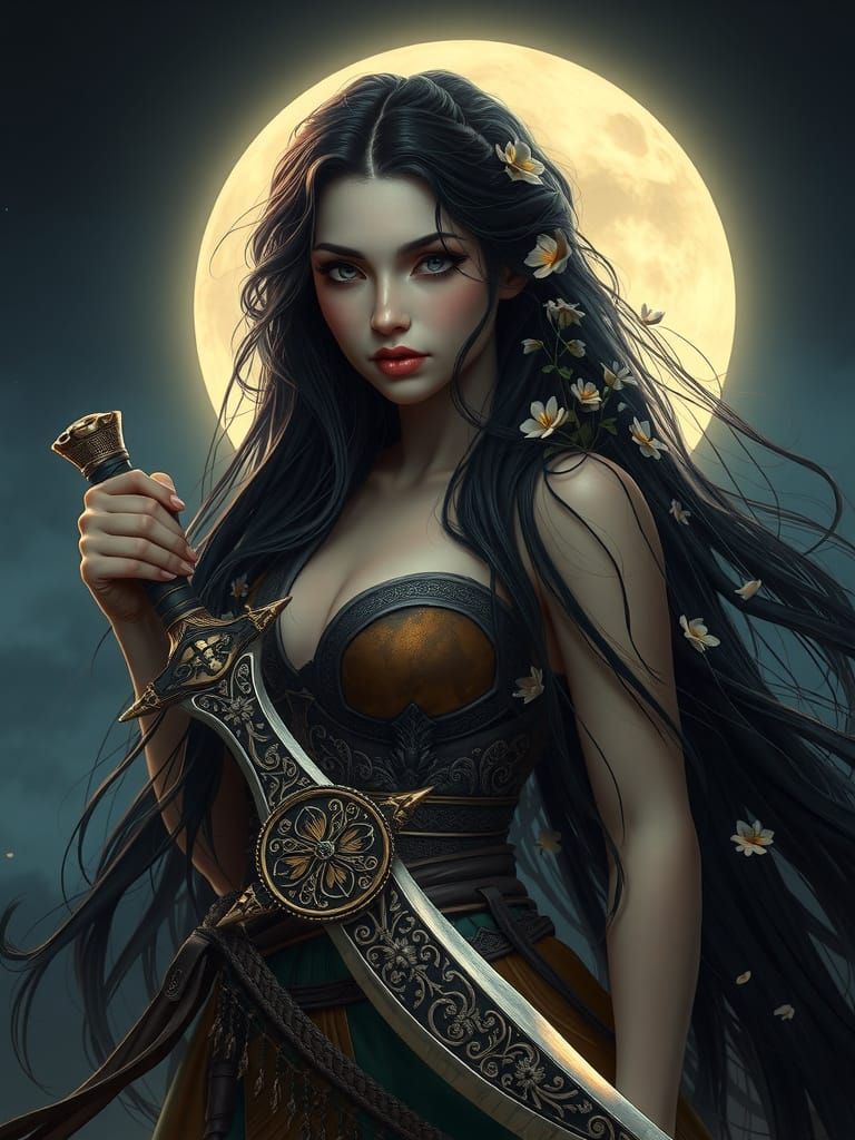 Elegant Art Nouveau Huntress in Moonlit Splendor