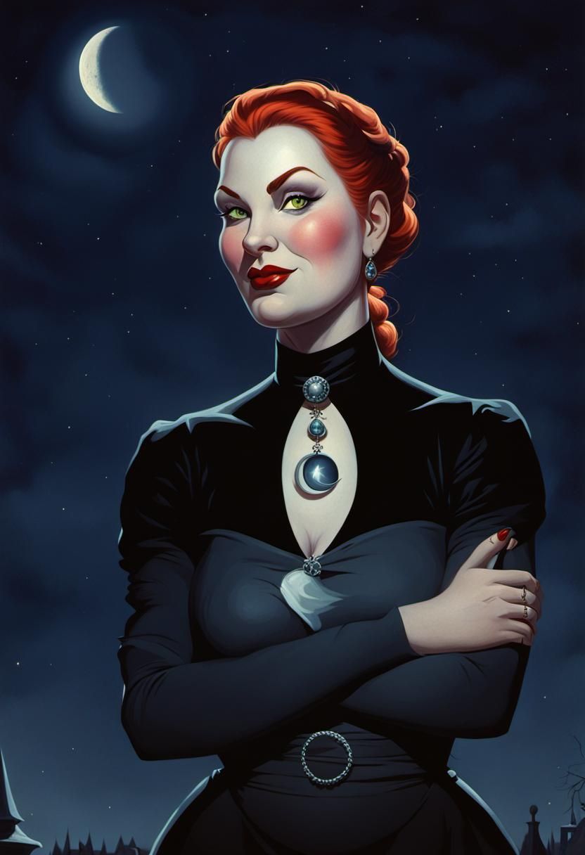 Friendly Red-Haired Witch Under Moonlight, Art Frahm Illustr...
