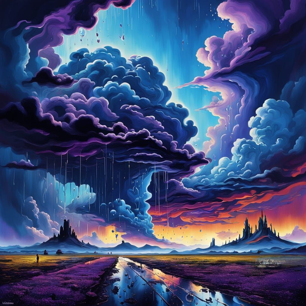 Surreal Sky Raining Abstract Shapes in Vibrant Dreamscape