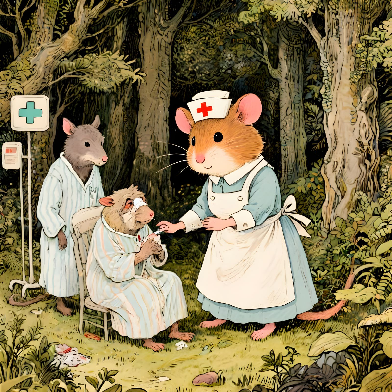 Whimsical Nurse Hamster Tends to Animals in Forest Clearing