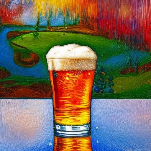 Golf Ball Enjoys Beer: Neo-Impressionist Oil Painting