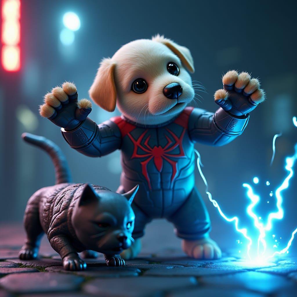 Labrador Dog as Spider-Man Victorious in Sci-Fi Scene