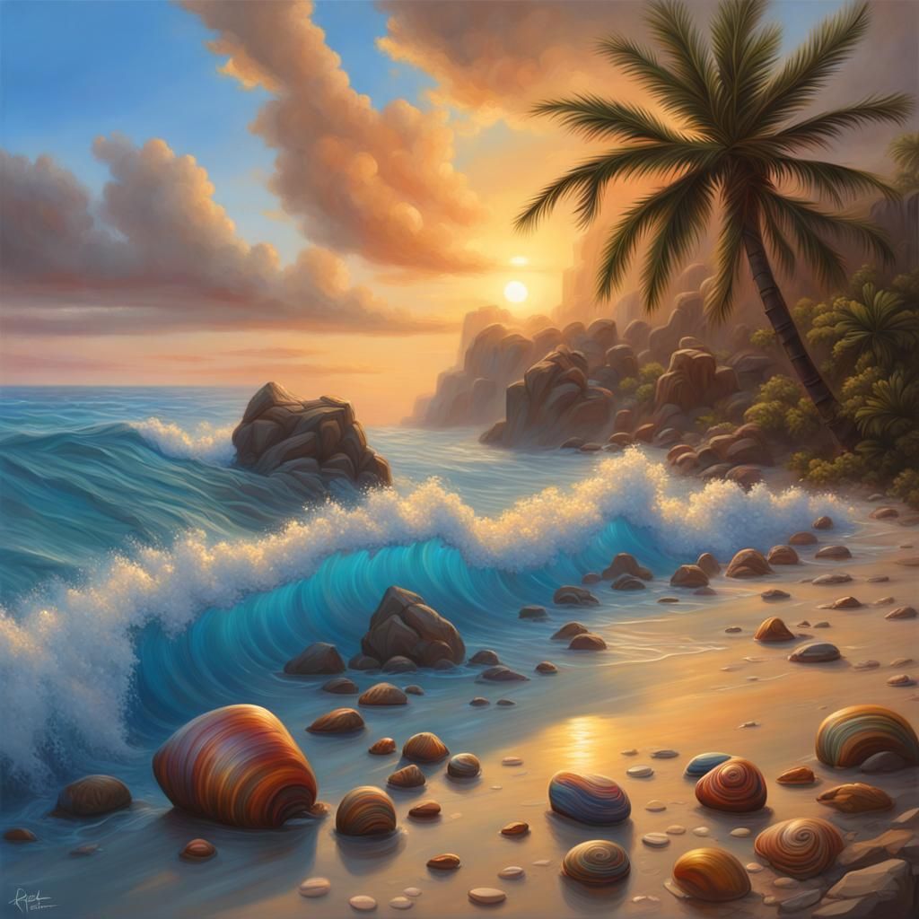 Tropical Beach Sunset: Hyperrealistic Oil Painting