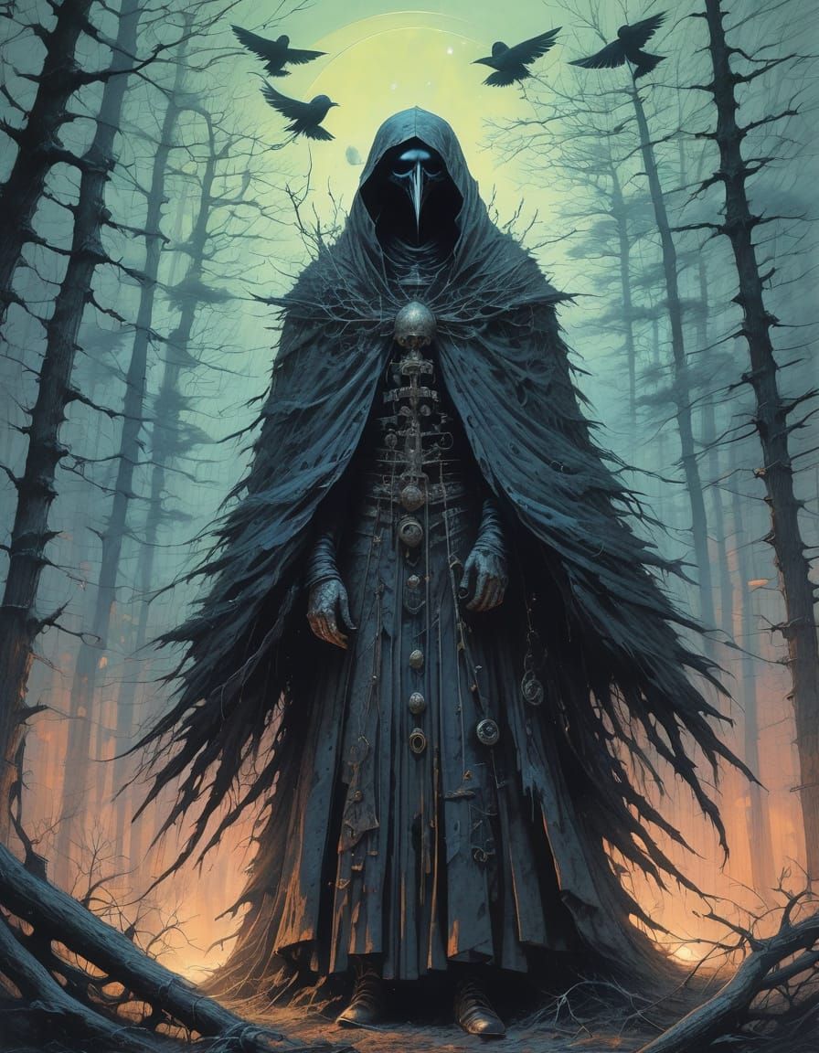 Mystical Raven-Woman in Misty Forest by Moonlight