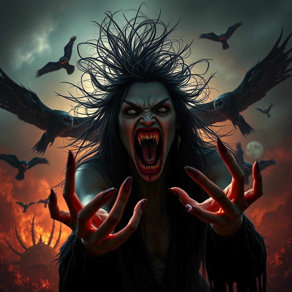 Demonic Woman Screaming in Apocalyptic Landscape