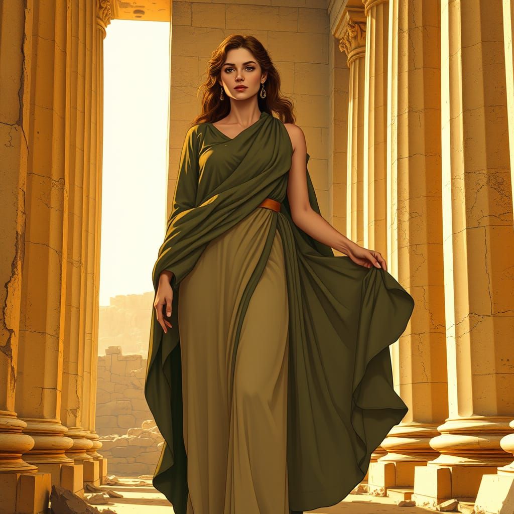 Greek Goddess in Ancient Temple, Art Nouveau Style
