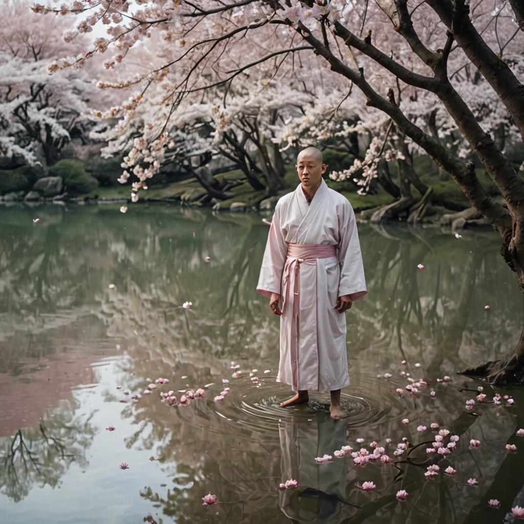 Monk in Cherry Blossom Lake: Surrealist Dreamscape