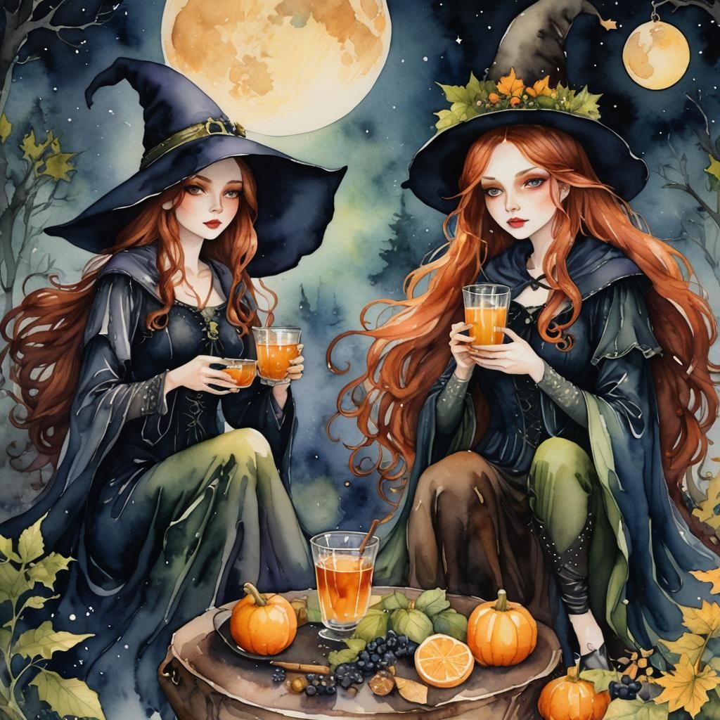 Witches' Midnight Margarita Party in Watercolor Style
