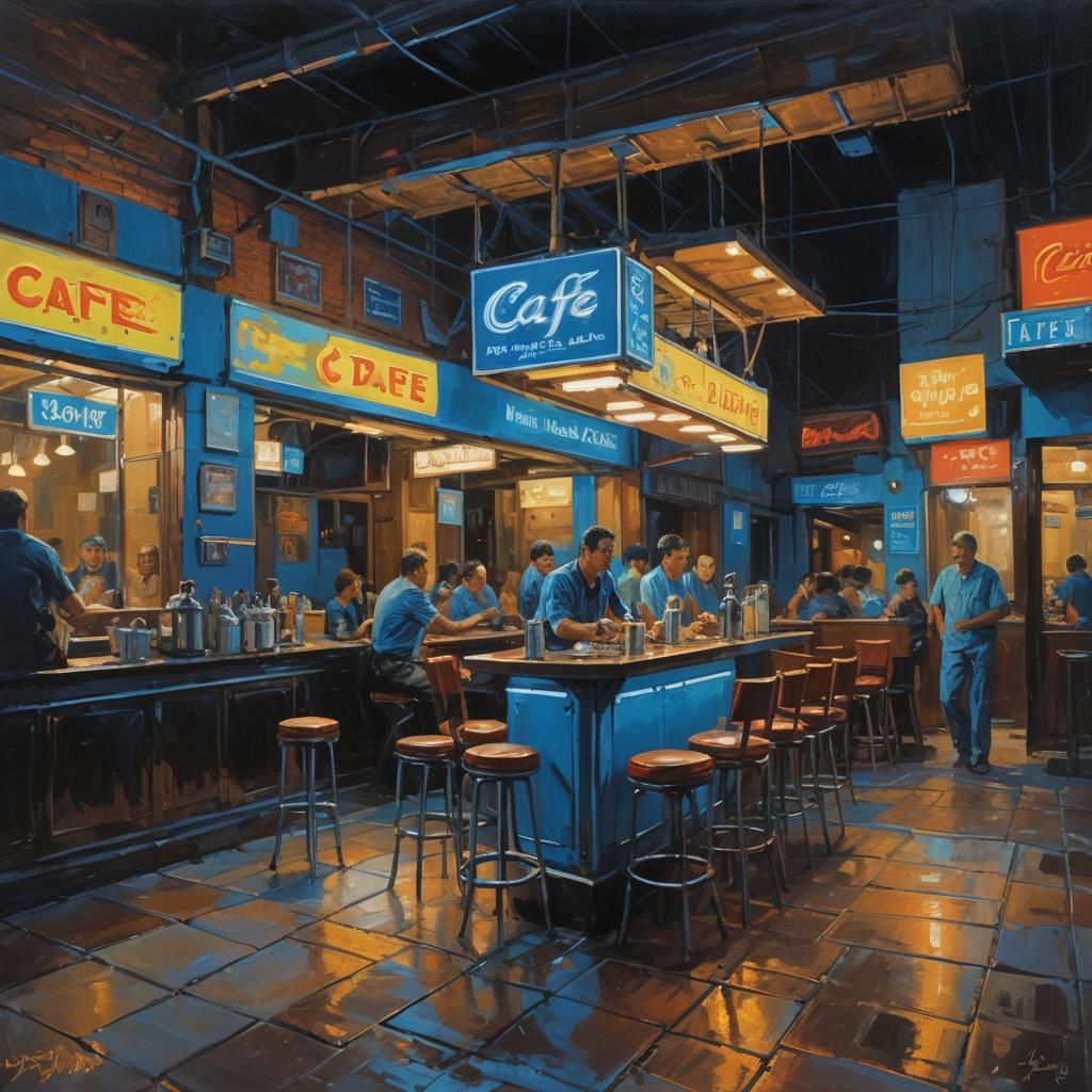 Night Cafe with UFO in Oil Painting Style