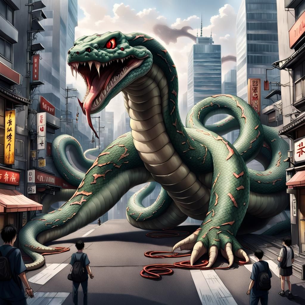 Giant Snake Monster Terrorizes Tokyo: Anime Painting
