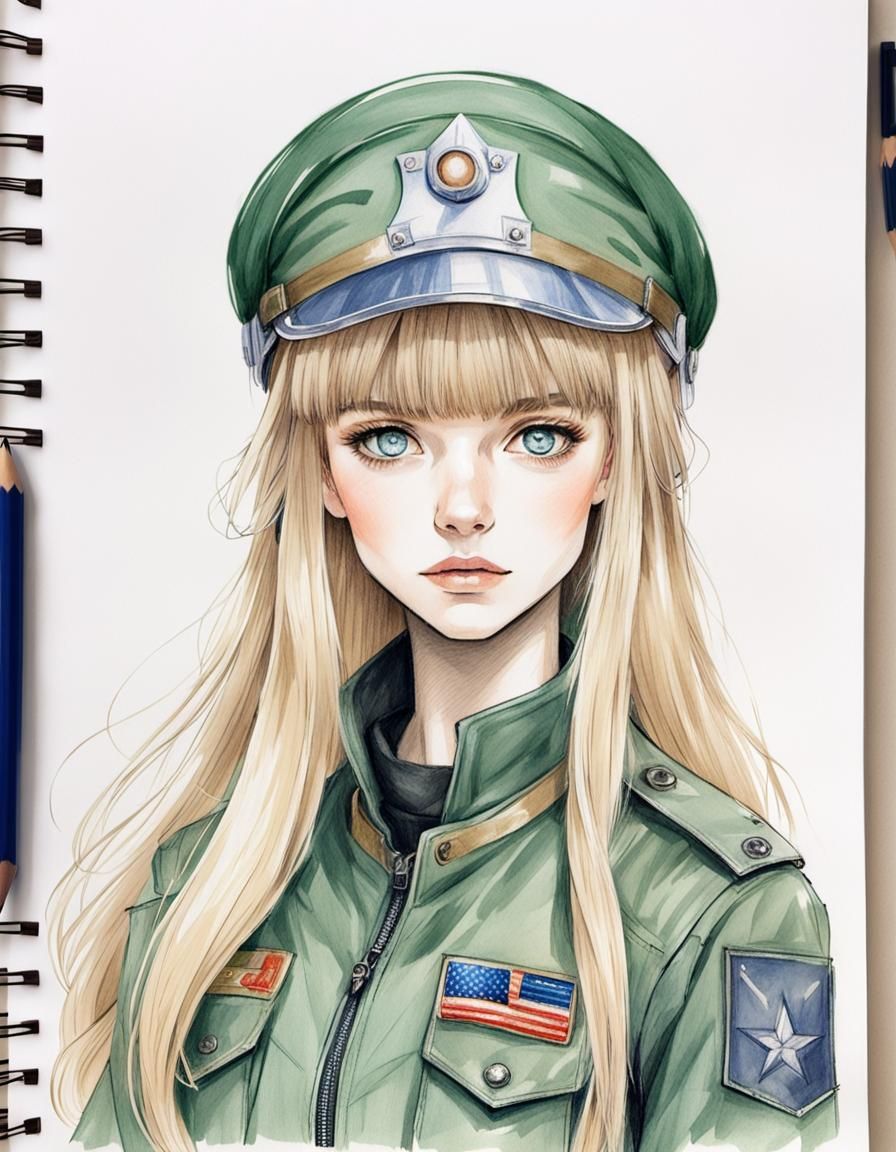 Anime Style Sketch of Tiny Woman in Military Gear
