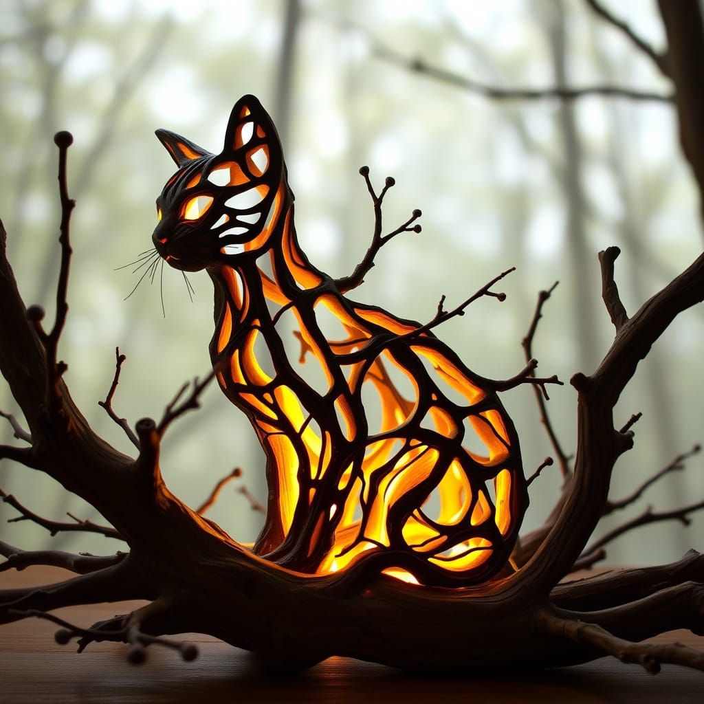 Natural Wood Cat Sculpture in Forest Setting
