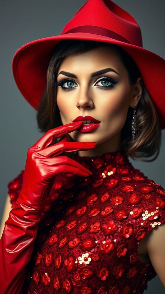 Glamorous Woman in Red Sequins and Leather Hat