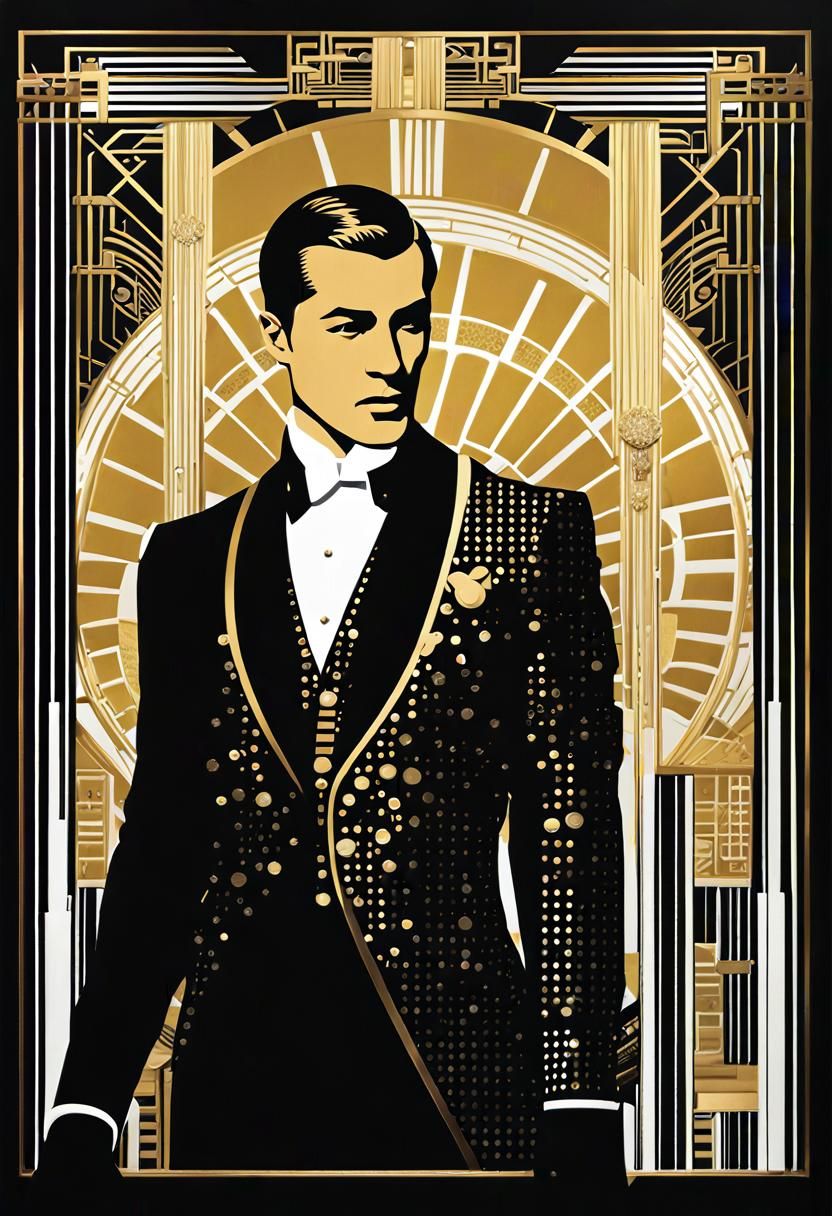 Art Deco Matrix Illustration in Black, White, and Gold