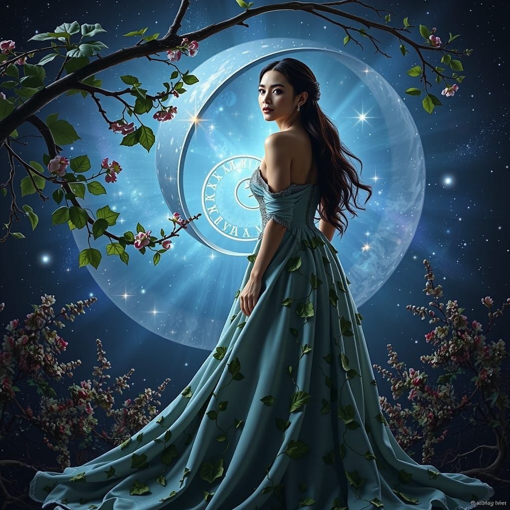 Woman in Ivy Gown Under Starry Sky: 3D Render
