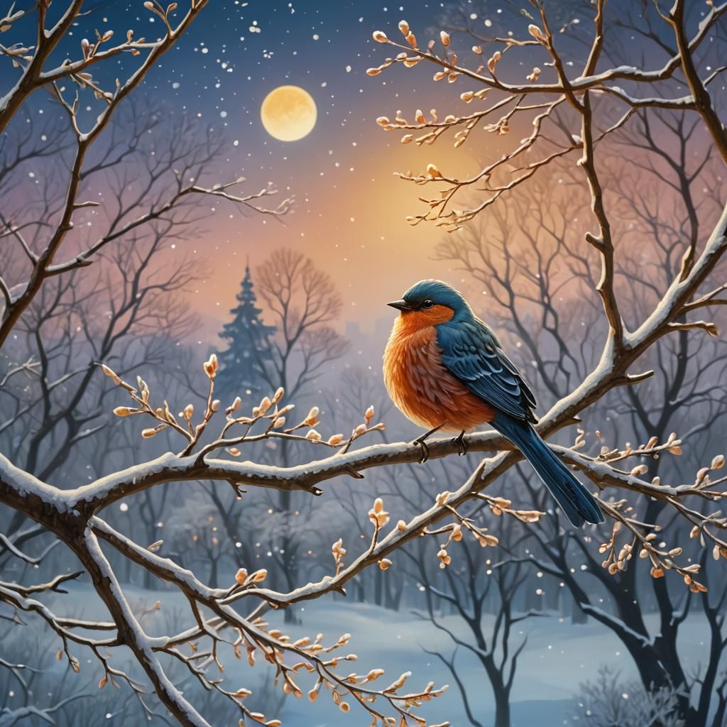 Winter Bird on Branch, Digital Art Deco Painting
