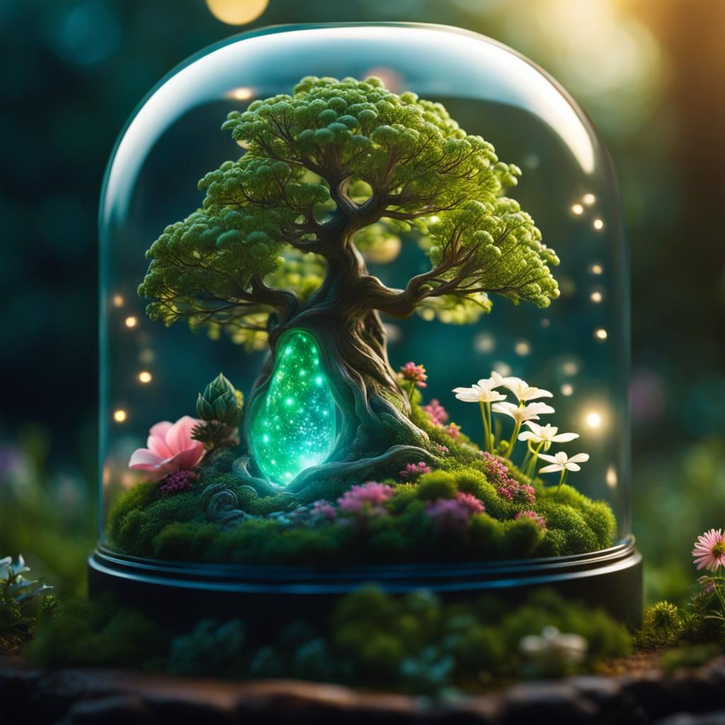 Glowing Miniature Garden in Glass Case: Hyperrealistic CGI