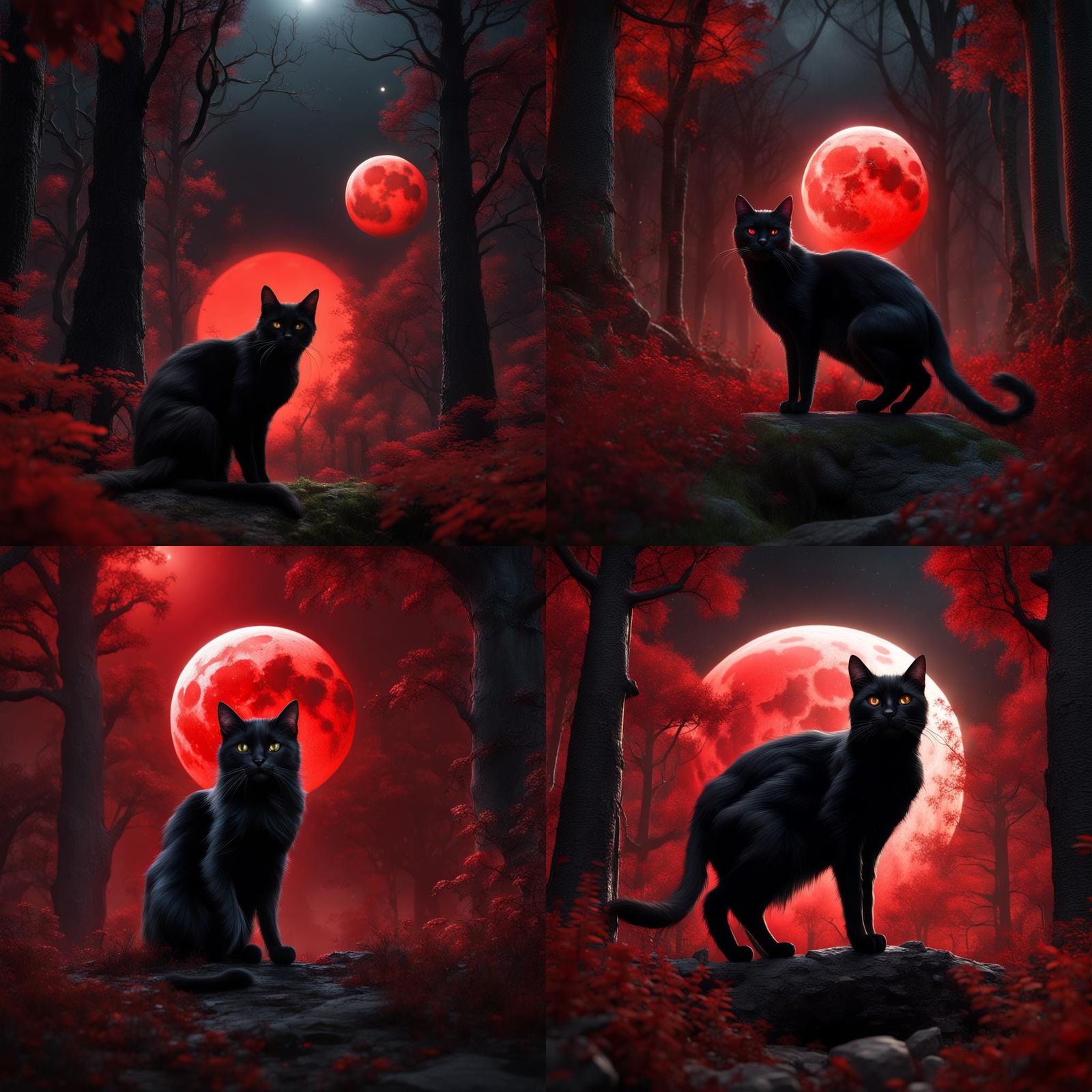 Black Cat Under Blood Moon: Detailed Matte Painting
