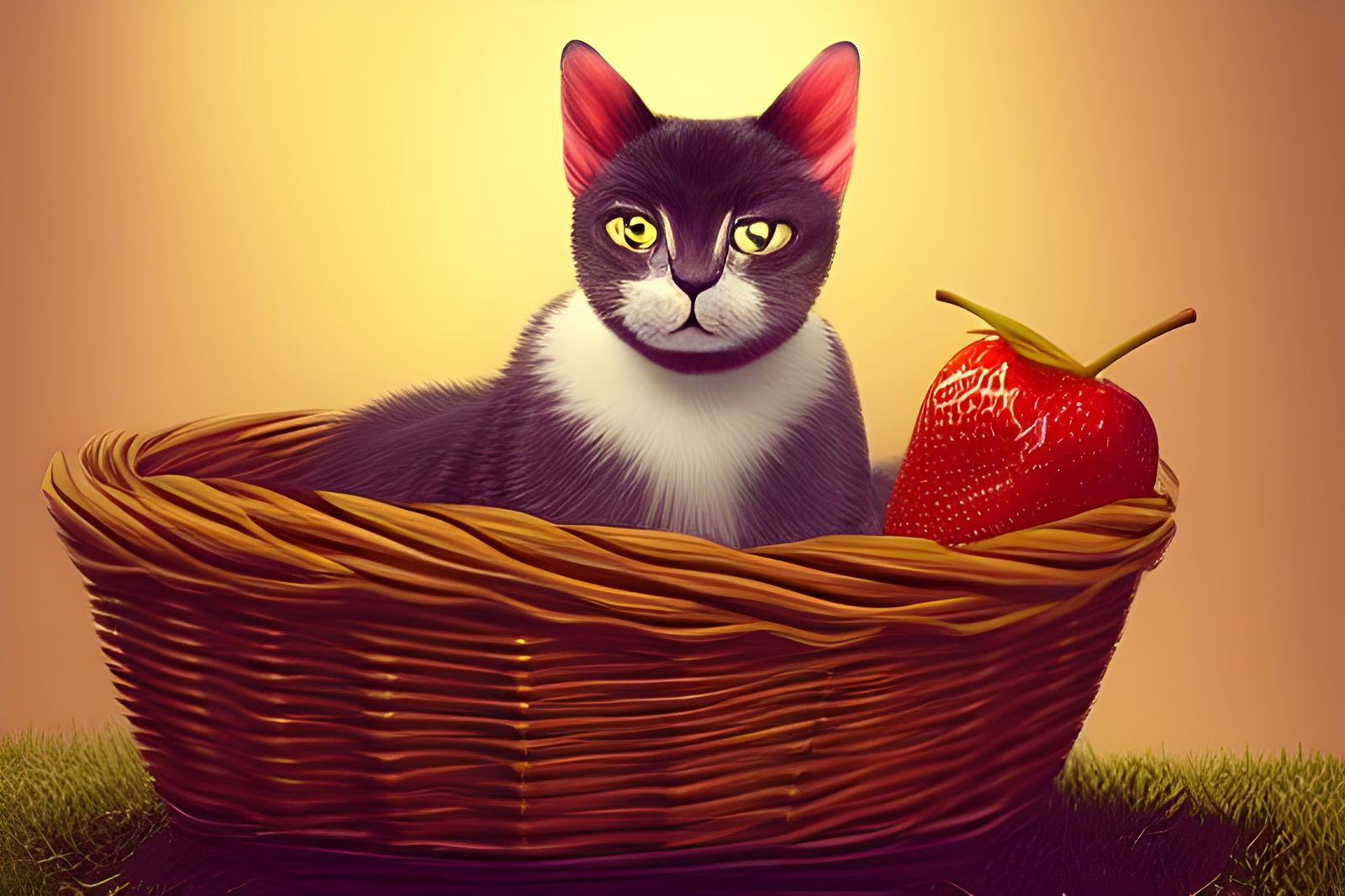Cat in Fruit Basket: Digital Art Masterpiece