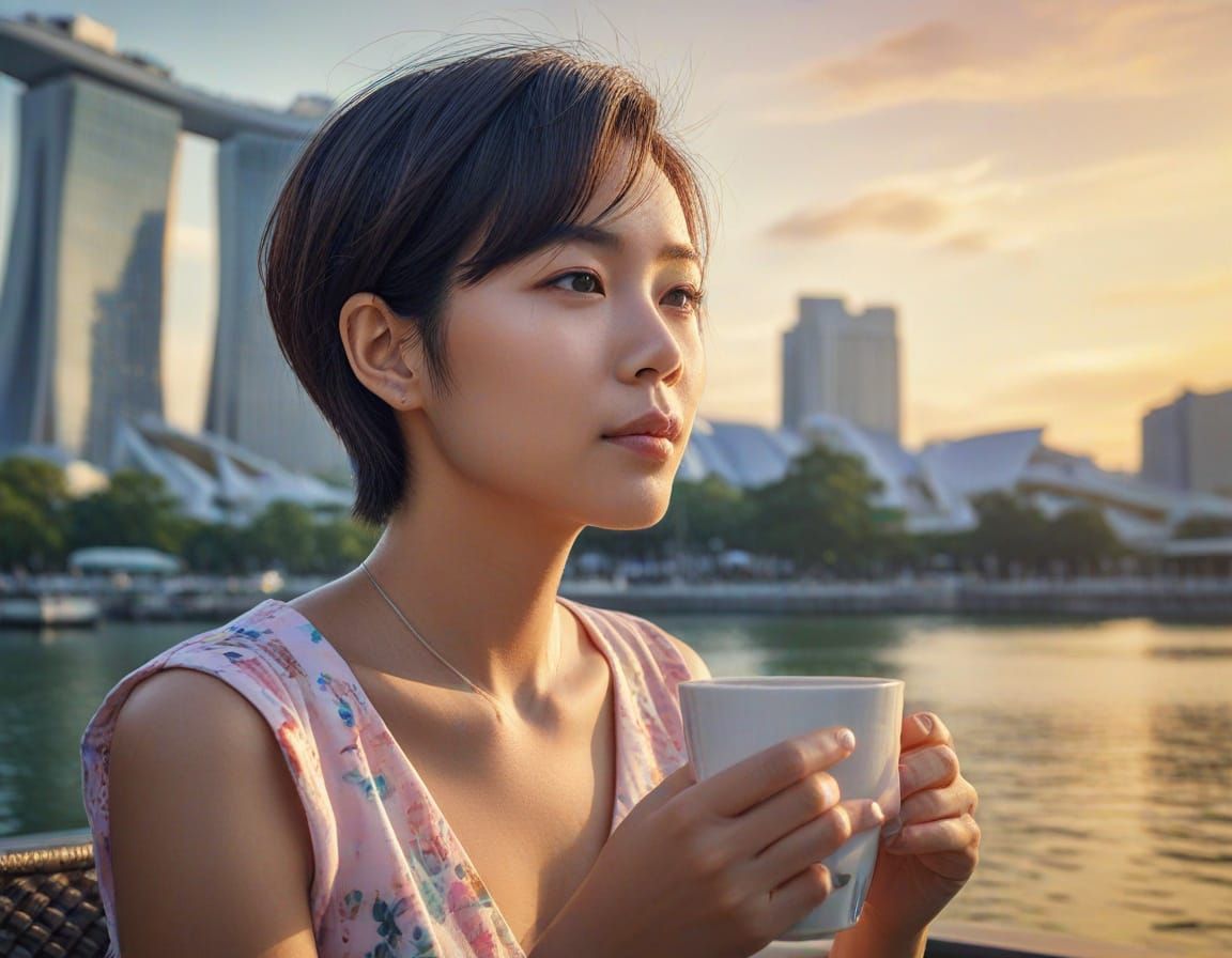 Japanese Lady Drinking Coffee at Marina Bay Sands