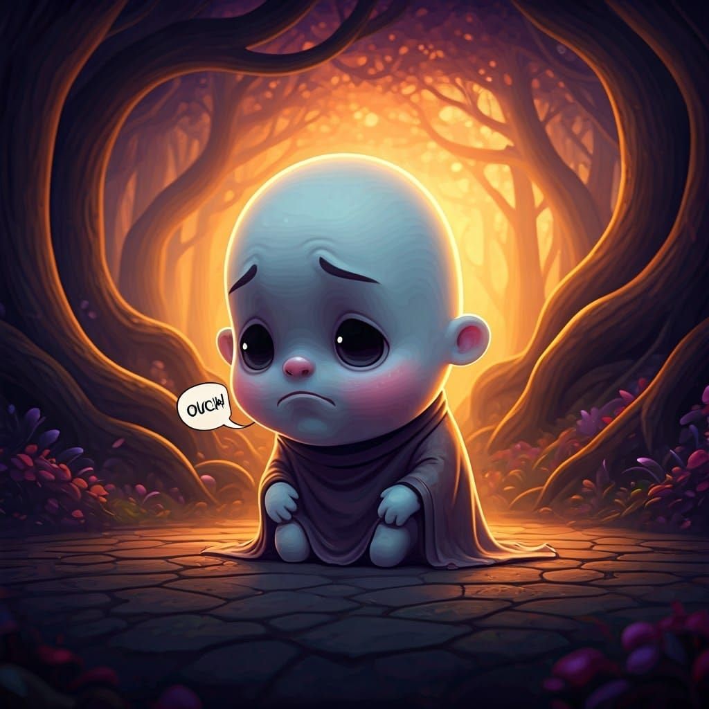 Chibi Ghost in Mystical Forest, Digital Illustration