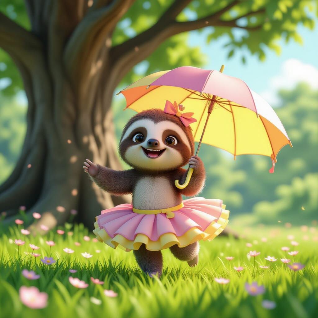 Joyful Sloth Dances in Tutu with Umbrella