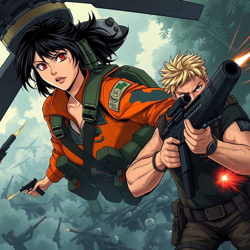 Anime Woman Pilots Camo Chopper Amidst Jungle Warfare