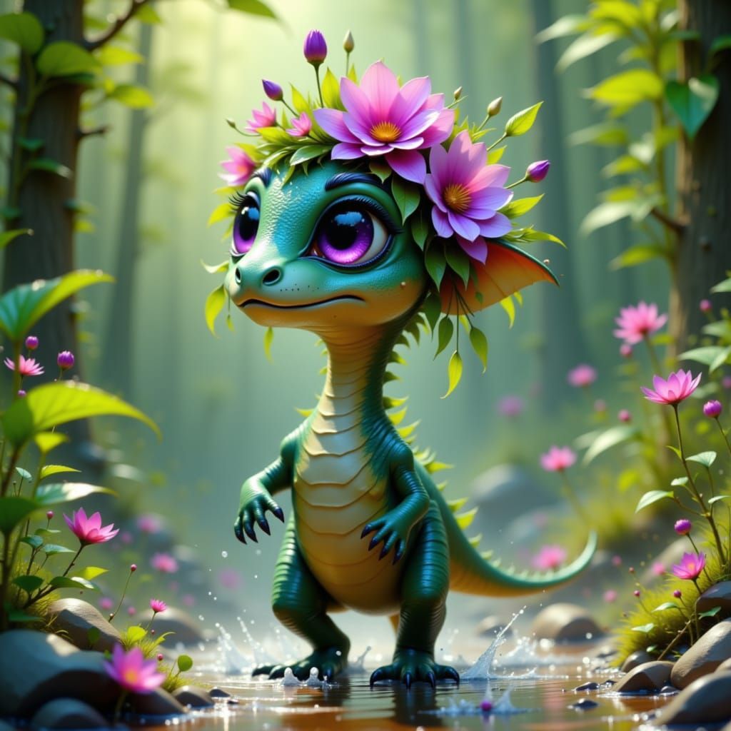 Cute Baby Diplodocus Dino with Floral Garland