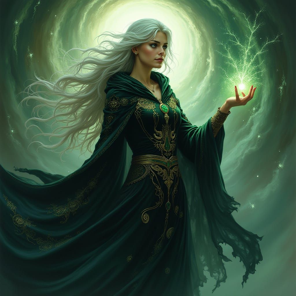 Mystical Sorceress Amidst Swirling Vortex of Ancient Magic