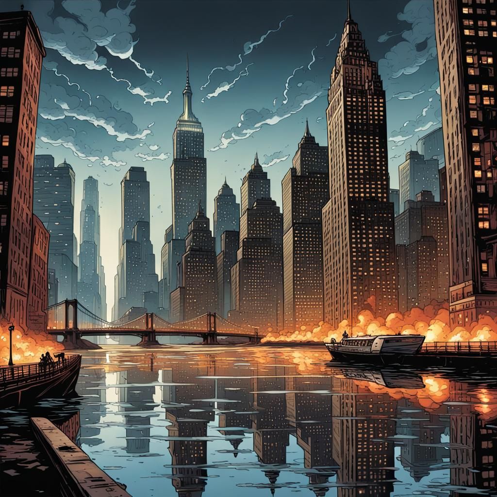 Manhattan Skyline Reflection in Comic Book Art