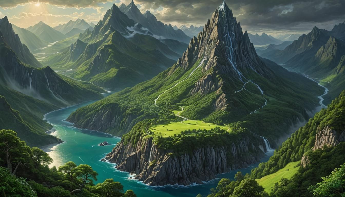 Elven Mountains in a Heavenly Realm: Oil Painting