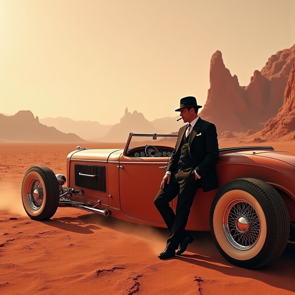 Gangster on Mars with Vintage Car in Retro-Futuristic Style