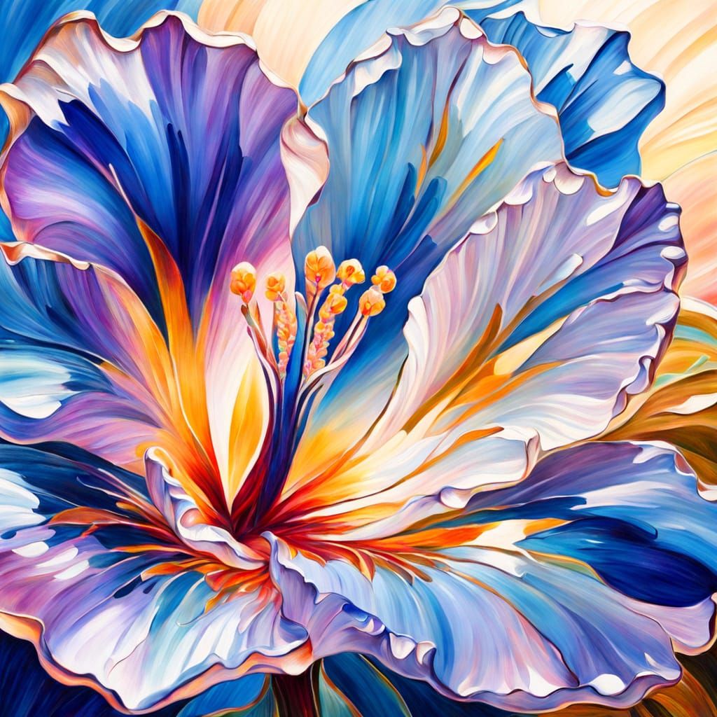 Sapphire Crystal Hibiscus Flowers in Impressionist Oil Paint...