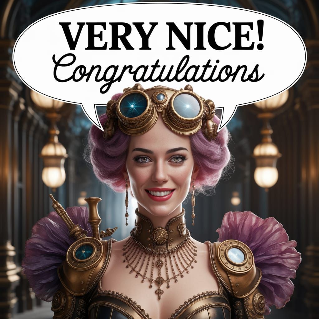 Steampunk Woman Congratulating with Speech Bubble