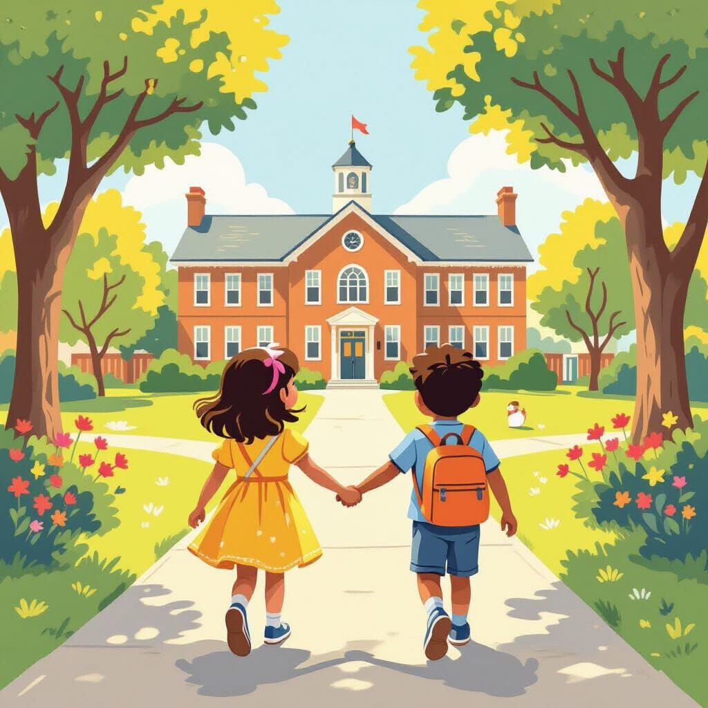 Cheerful First Grader Glimpses School, Storybook Illustratio...