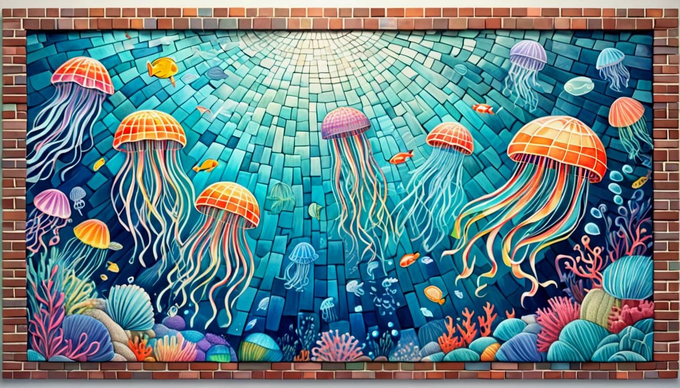 Chalk Jellyfish Mirror Mural on Brick Wall