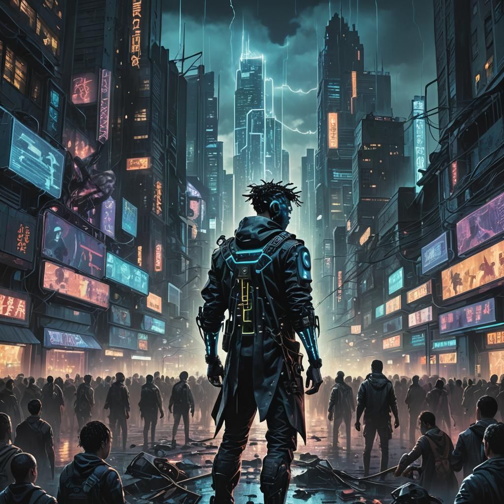 Cyberpunk Figure Unleashes Storms in Gritty City
