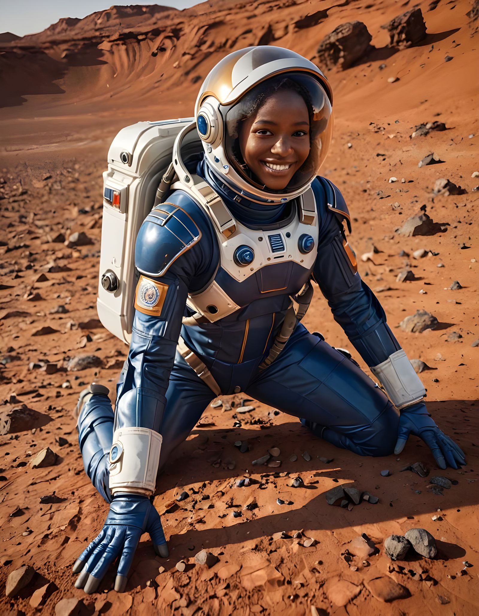 Chadian Woman Crawling on Mars in Spacesuit