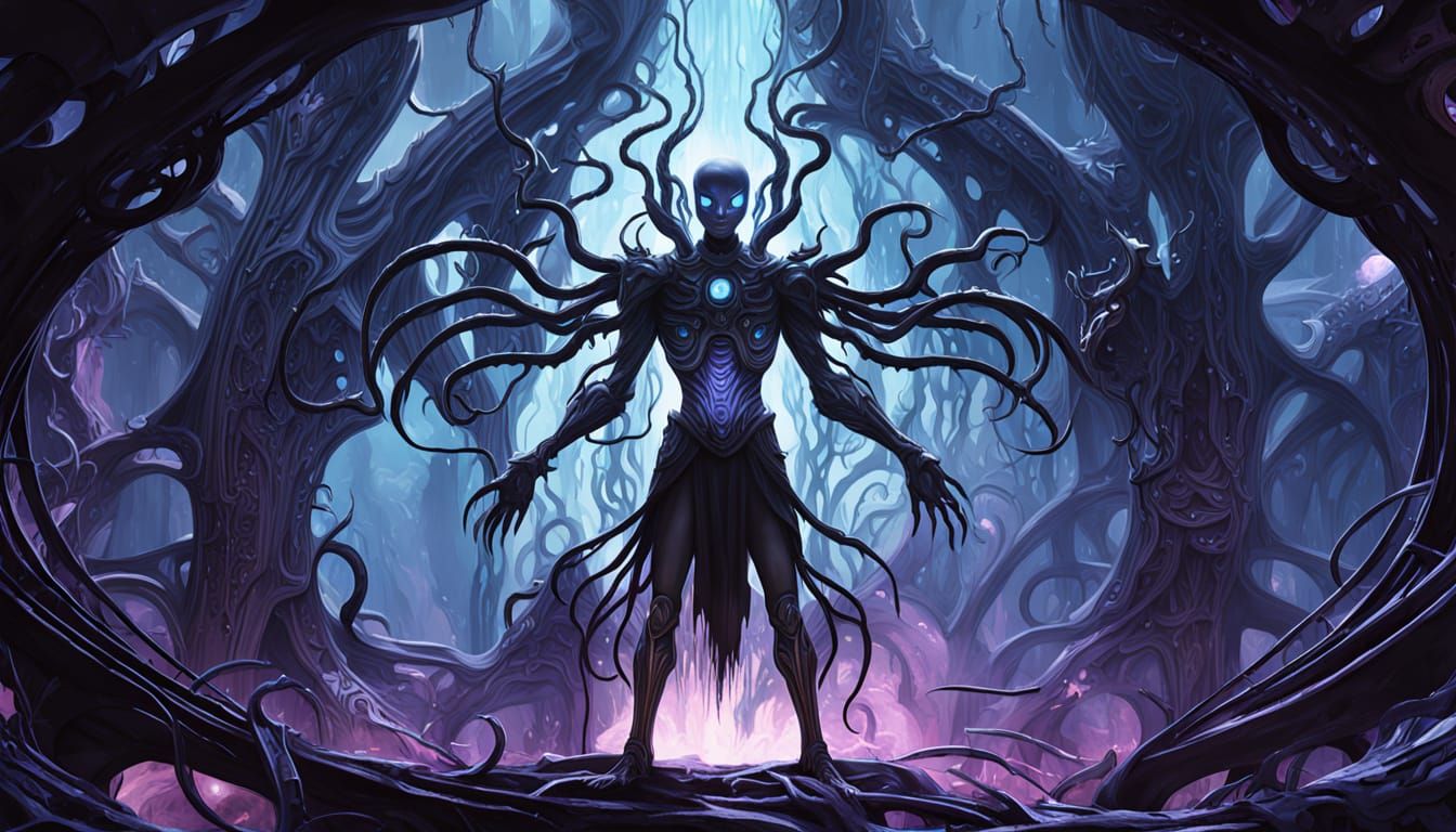 Dark Figure in Mystical Realm with Biomechanical Style