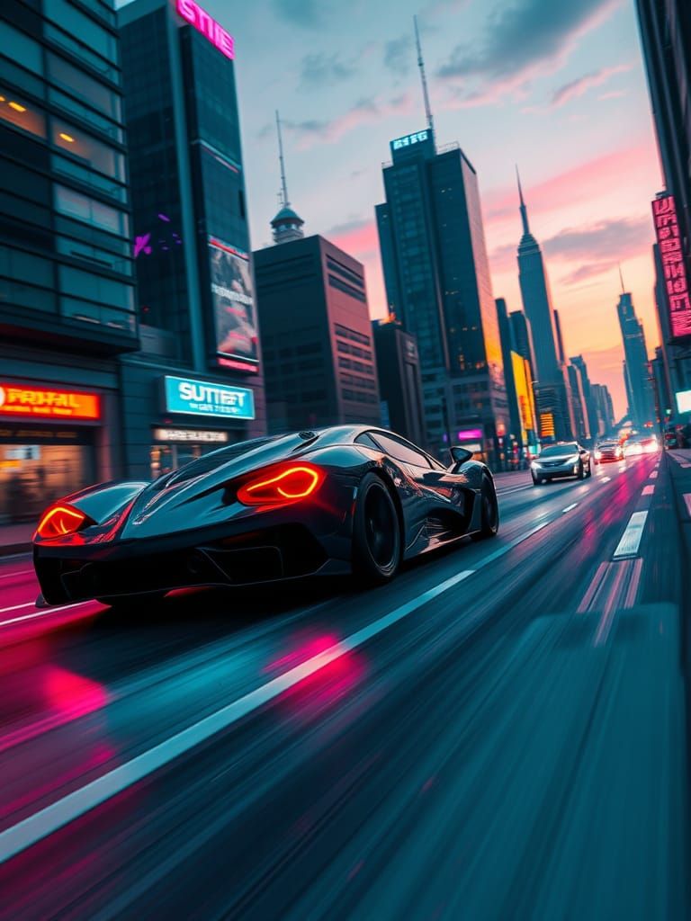 Cyberpunk Sports Car Races Through Future City