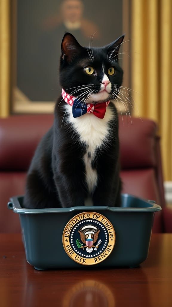Tuxedo Cat Presides Over Oval Office in Patriotic Splendor