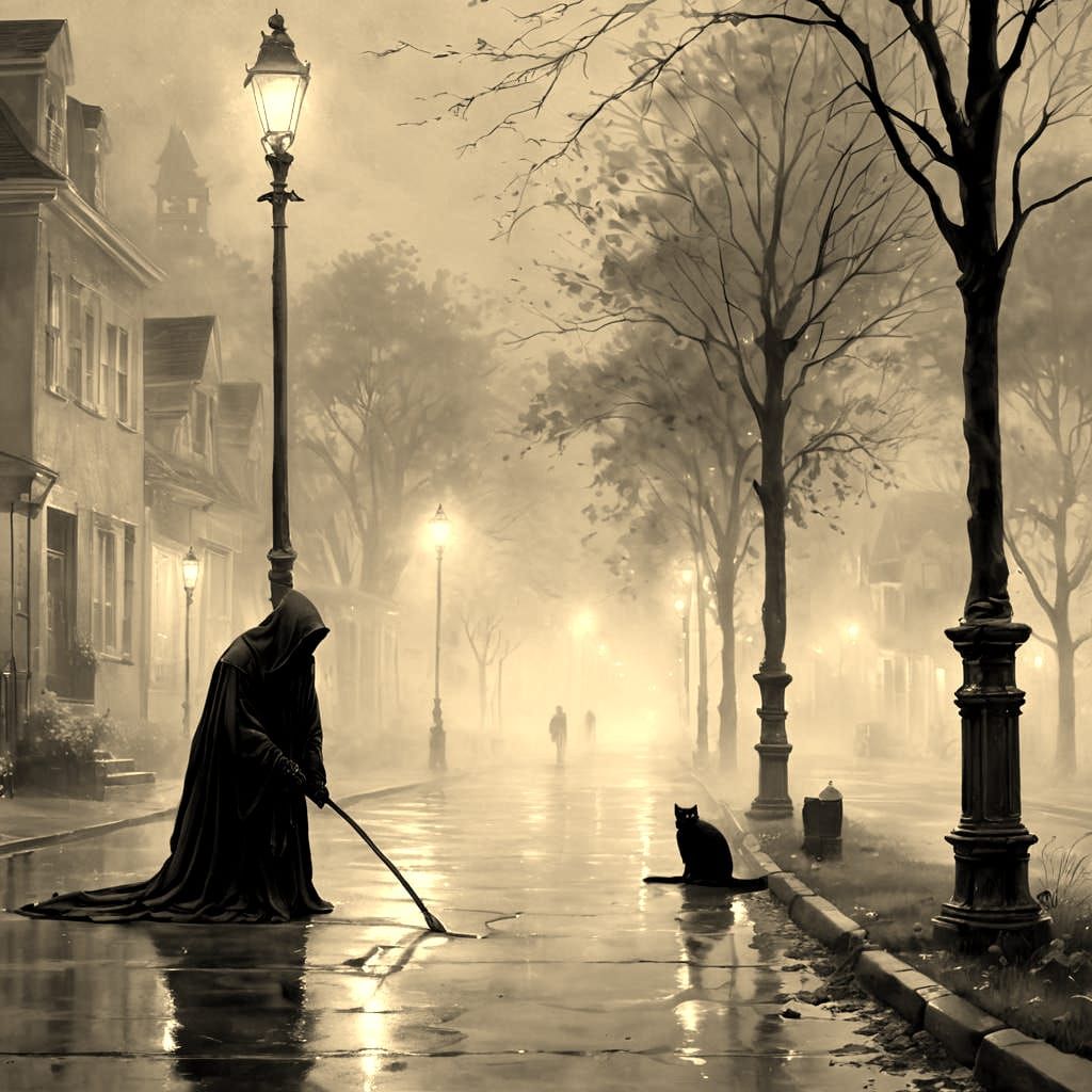 Grim Reaper Explains Something to a Black Cat