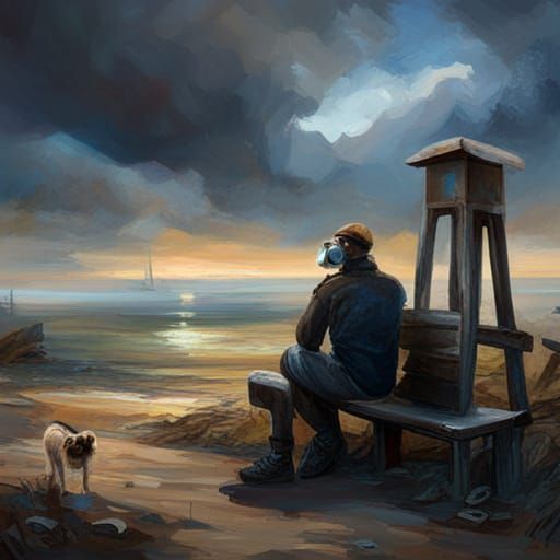 Post-Apocalyptic Man and Dog: Impressionist Painting