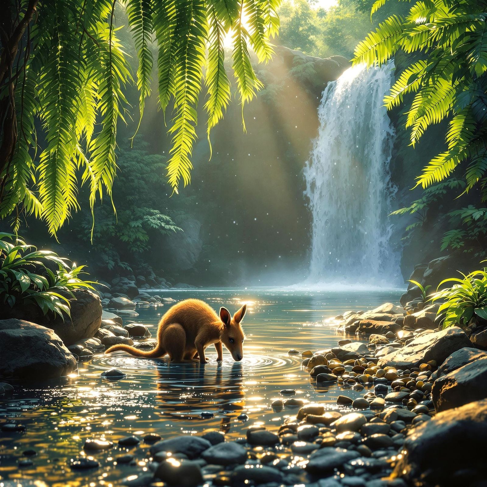 Baby Kangaroo Drinks from a Rainforest Stream in Vibrant Fan...