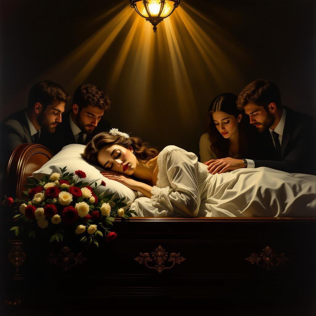 Grief-Stricken Woman in Casket with Loved Ones
