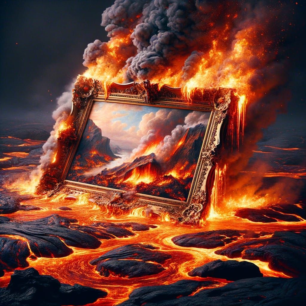 Renaissance Painting Sinking into Molten Lava
