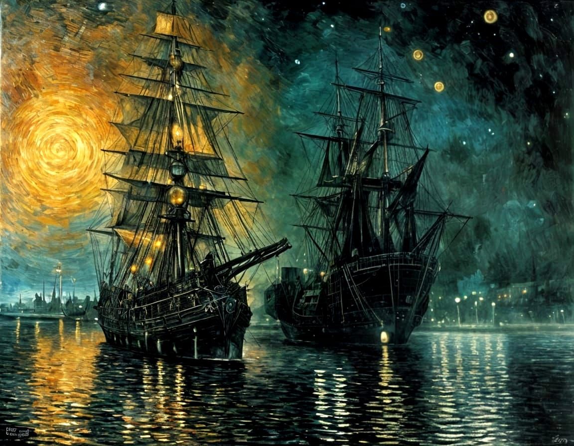 Surreal Pirate Galleon at Night: Biomechanical Post-Impressi...