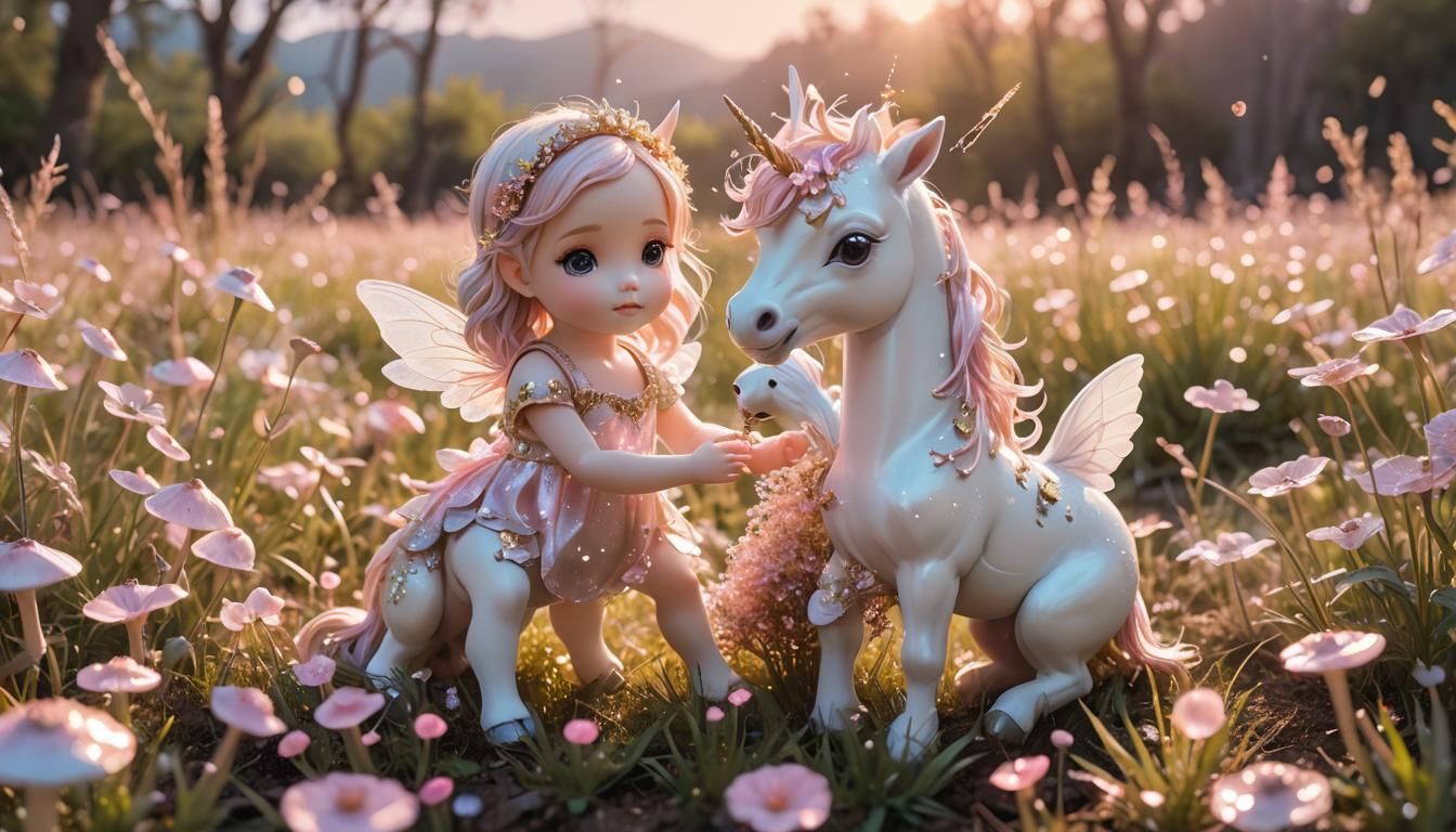 Baby Unicorn and Fairy Play in Whimsical Style