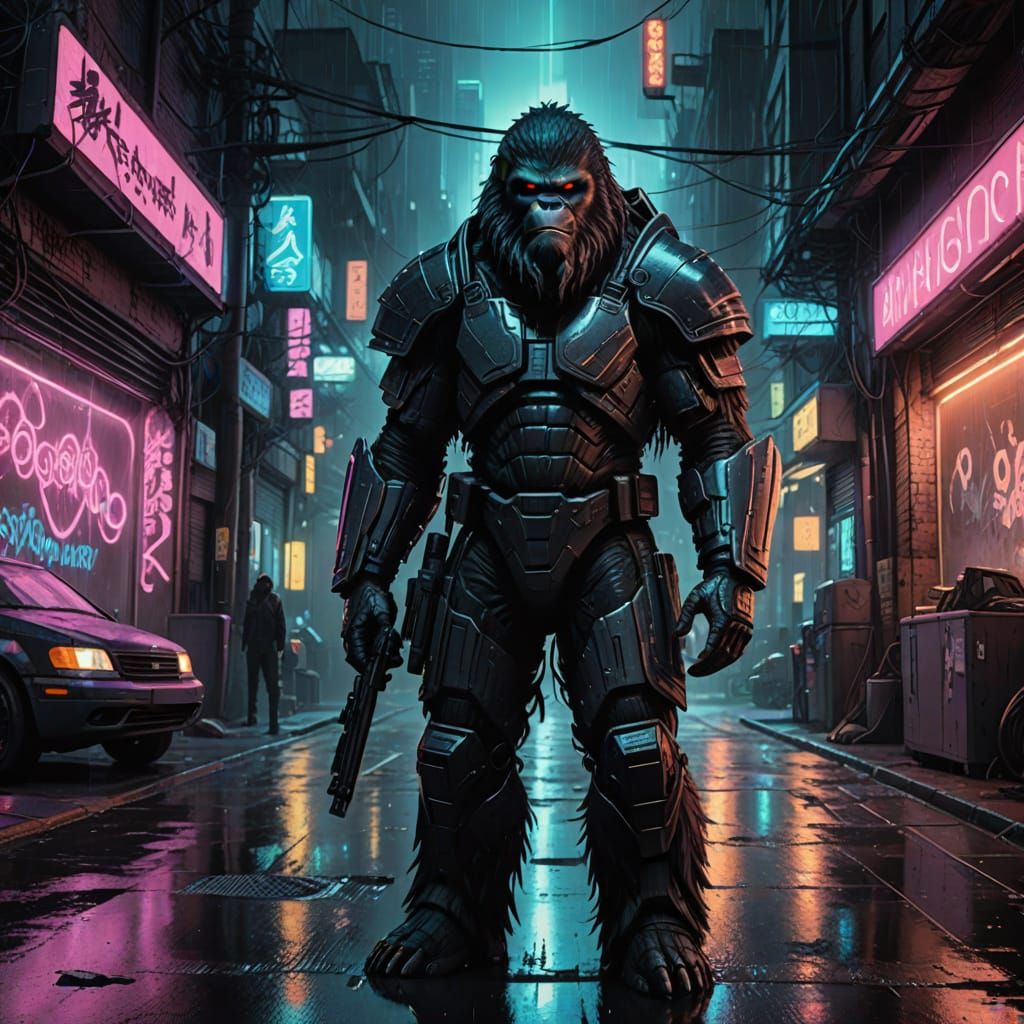 Sasquatch Samurai in Neon City Alley