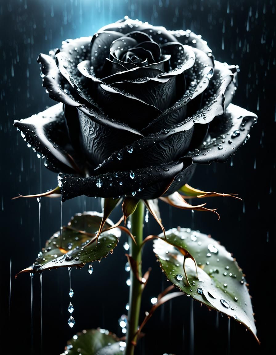 Photorealistic Black Rose with Crystal Spring